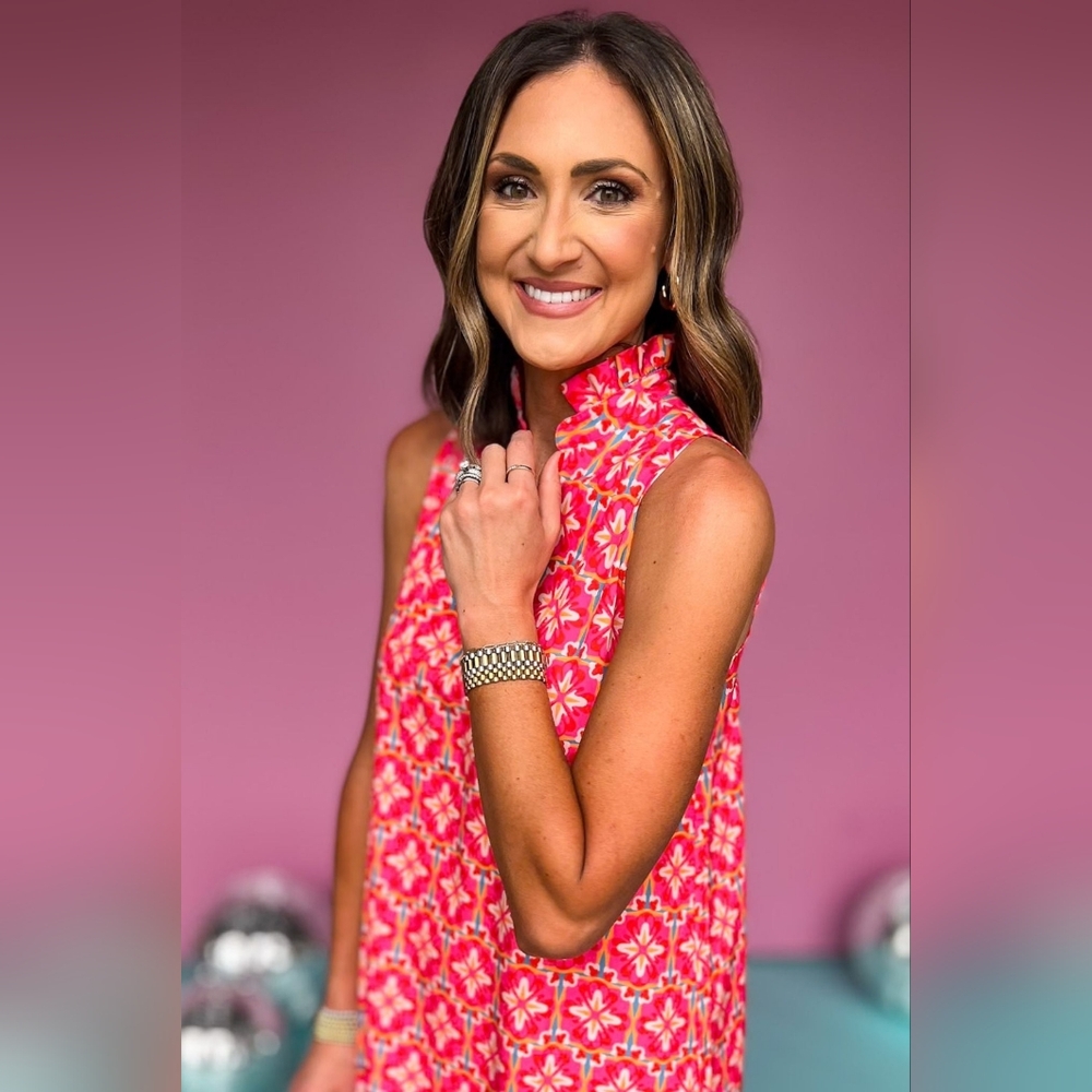 SSYS The LABEL Sawyer Sleeveless Ruffle Neck Pink Patterned Dress SZ XS - Picture 2 of 9